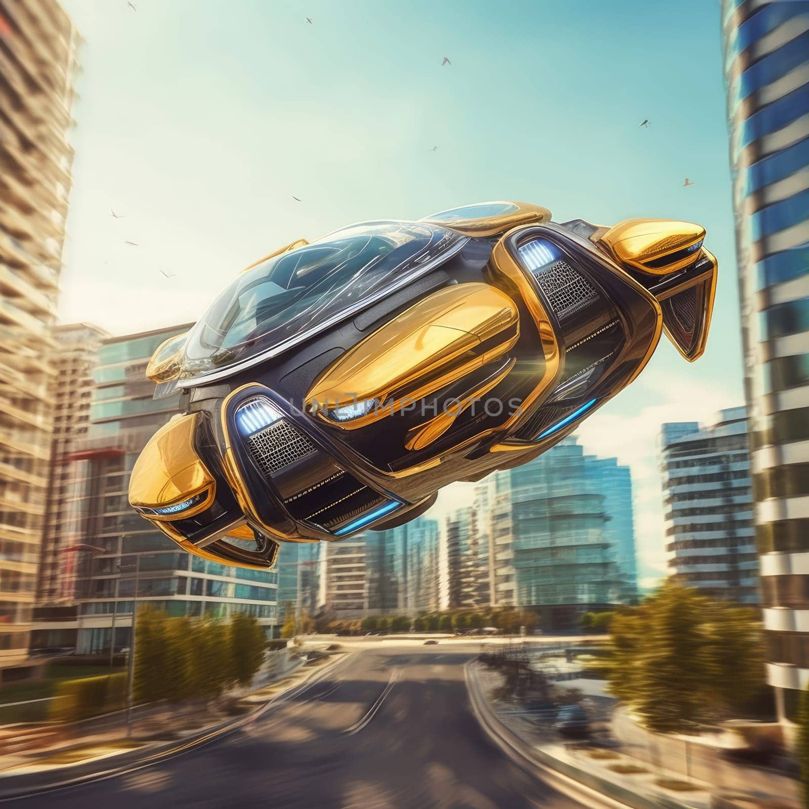 The flying car of the future flies in the city. A vision for the future