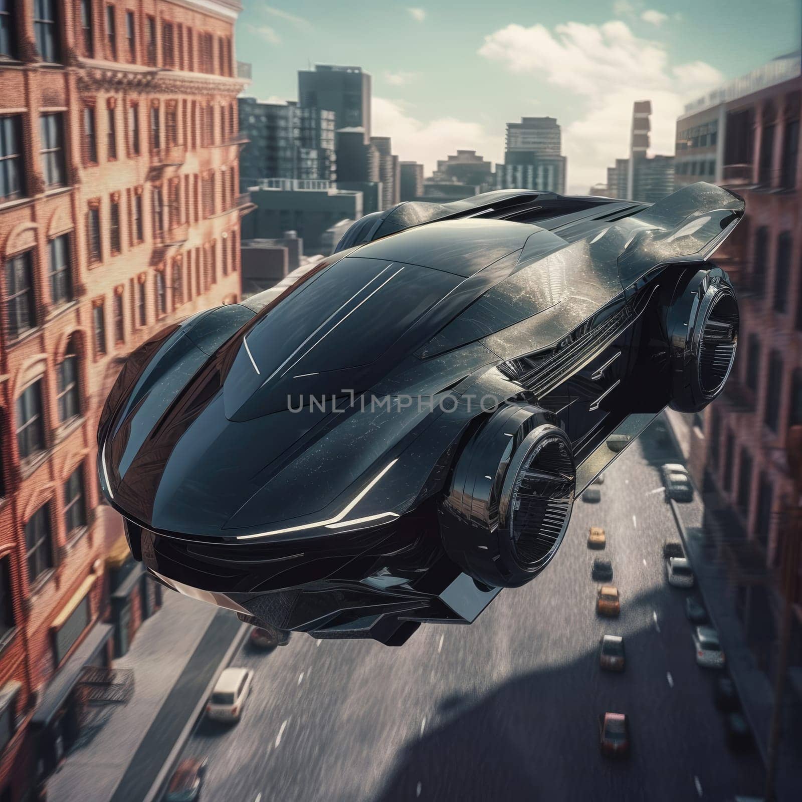 The flying car of the future flies in the city. A vision for the future