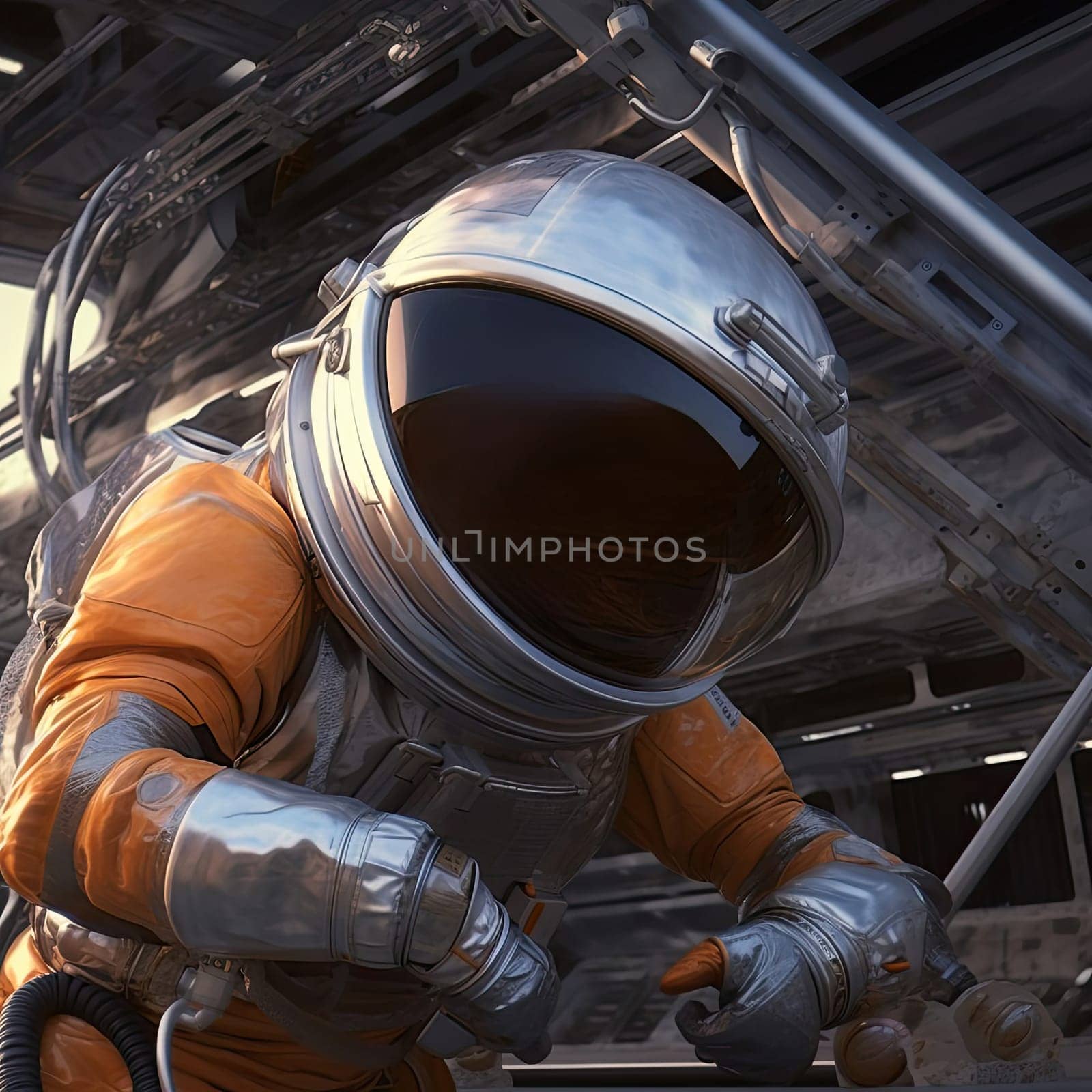 An astronaut in a spacesuit repairs a space station in outer space