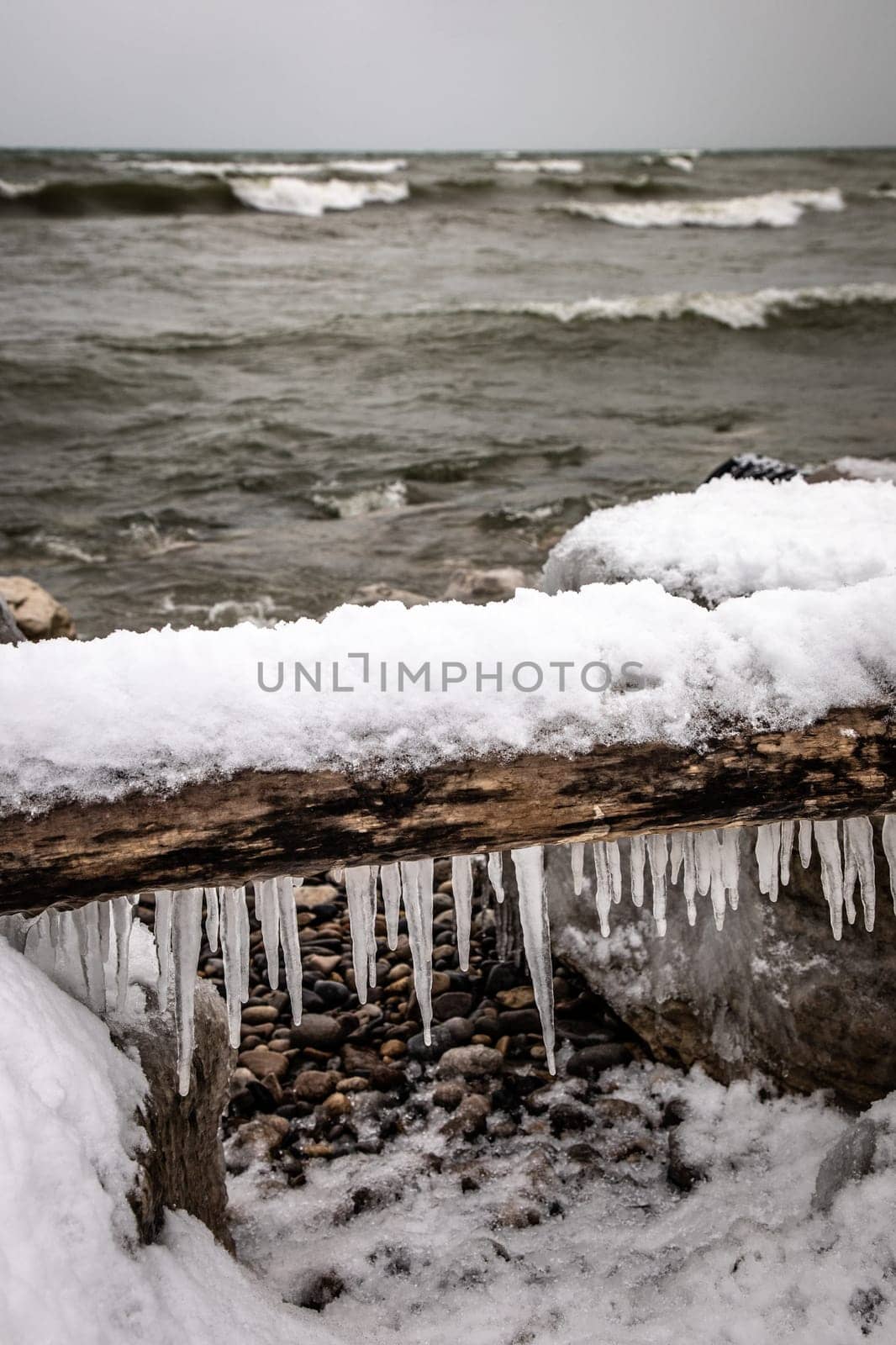 Log covered by snow and ice with waves coming in and ice on the shoreline, near Southampton in the Bruce Peninsula, Ontario. Canada