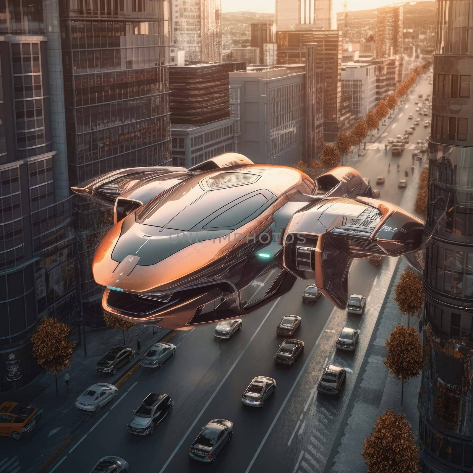 The flying car of the future flies in the city by cherezoff