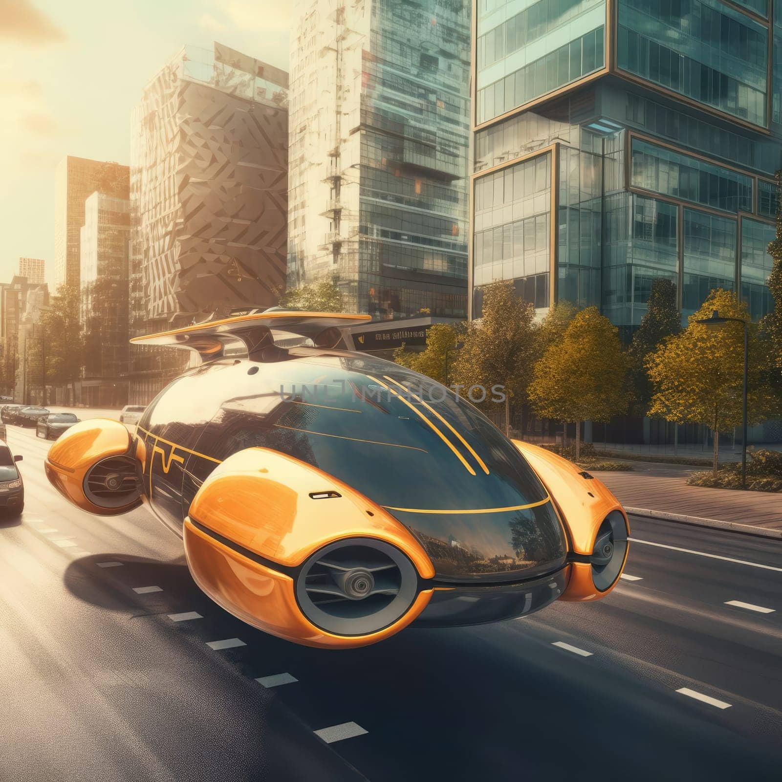 The flying car of the future flies in the city. A vision for the future