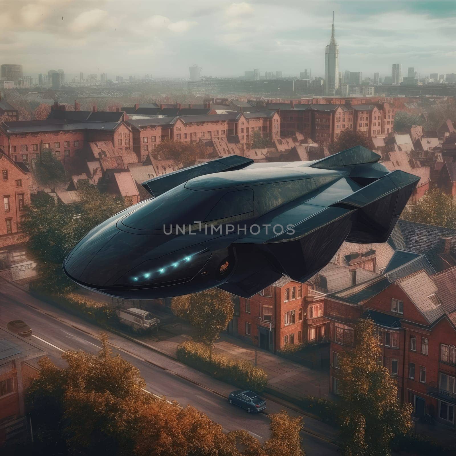 The flying car of the future flies in the city. A vision for the future