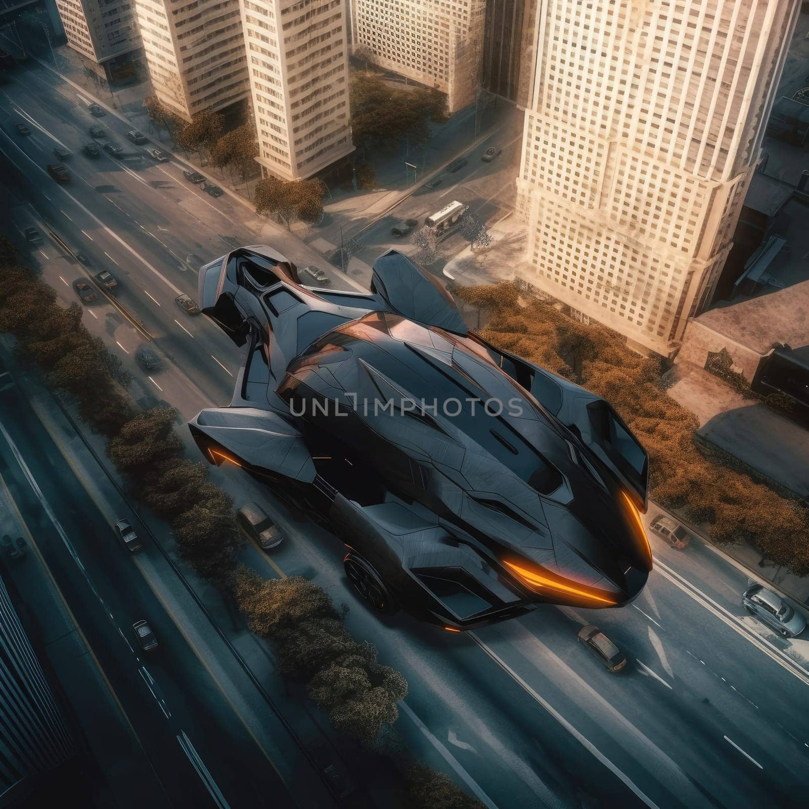 The flying car of the future flies in the city. A vision for the future