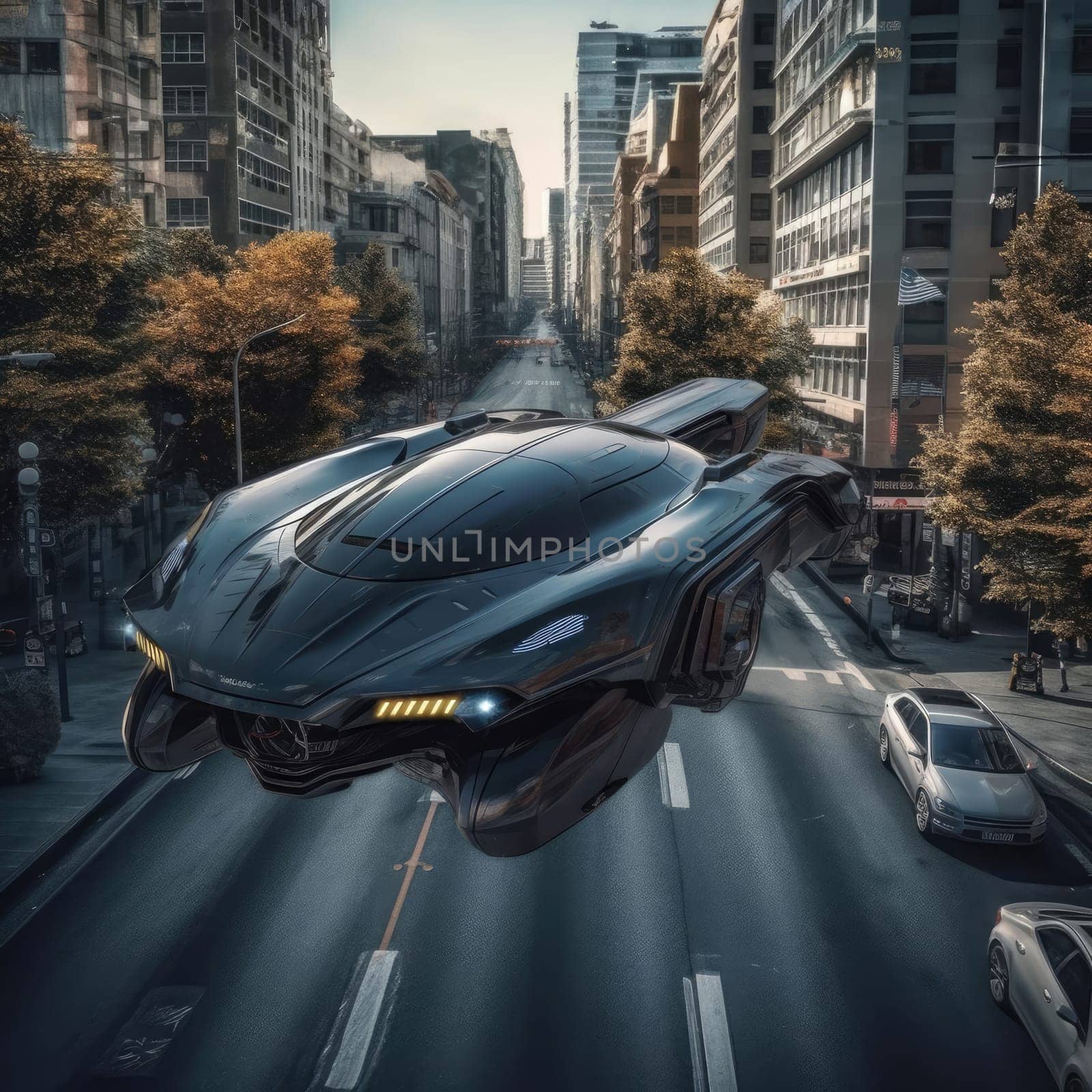 The flying car of the future flies in the city by cherezoff