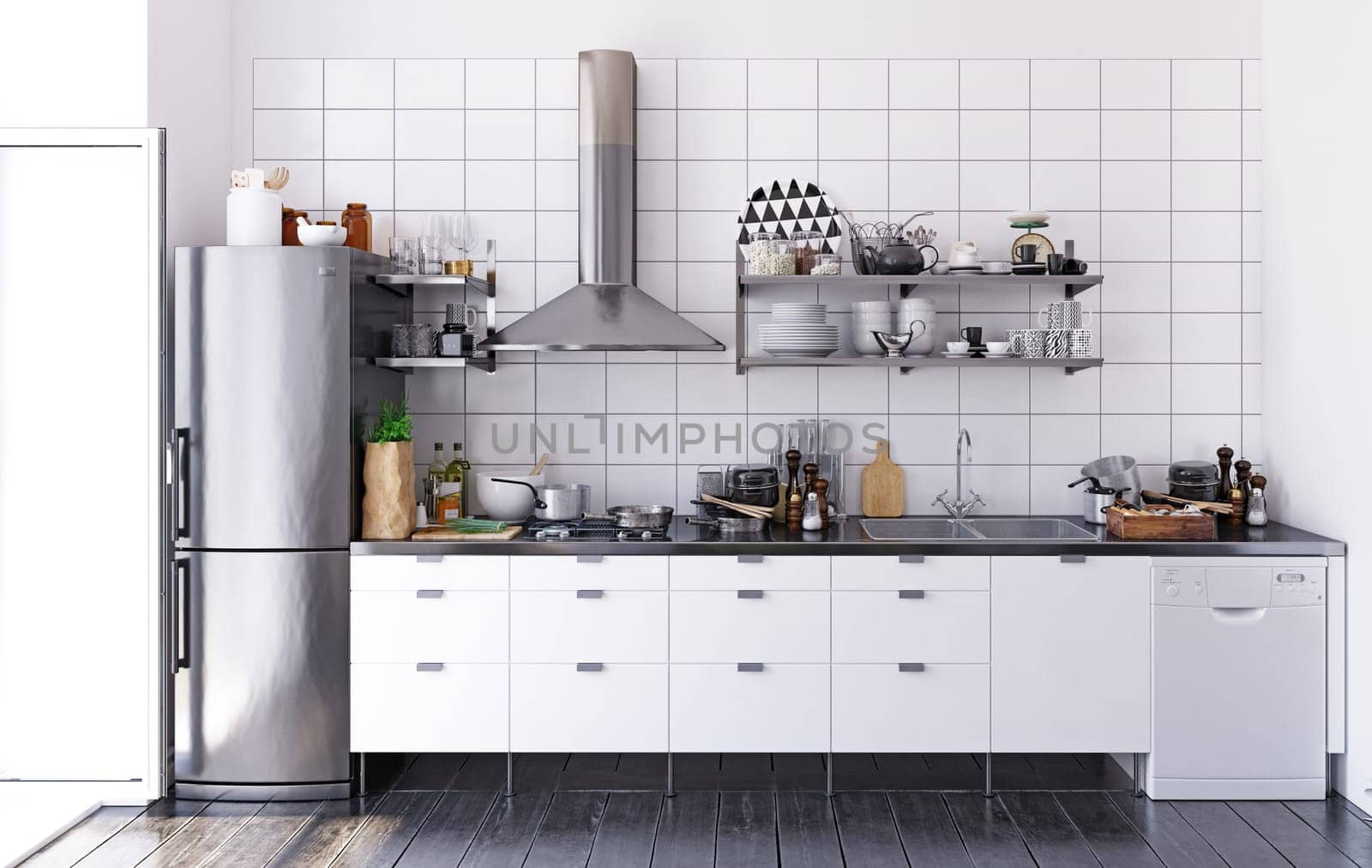 3D illustration of a modern apartment kitchen interior.