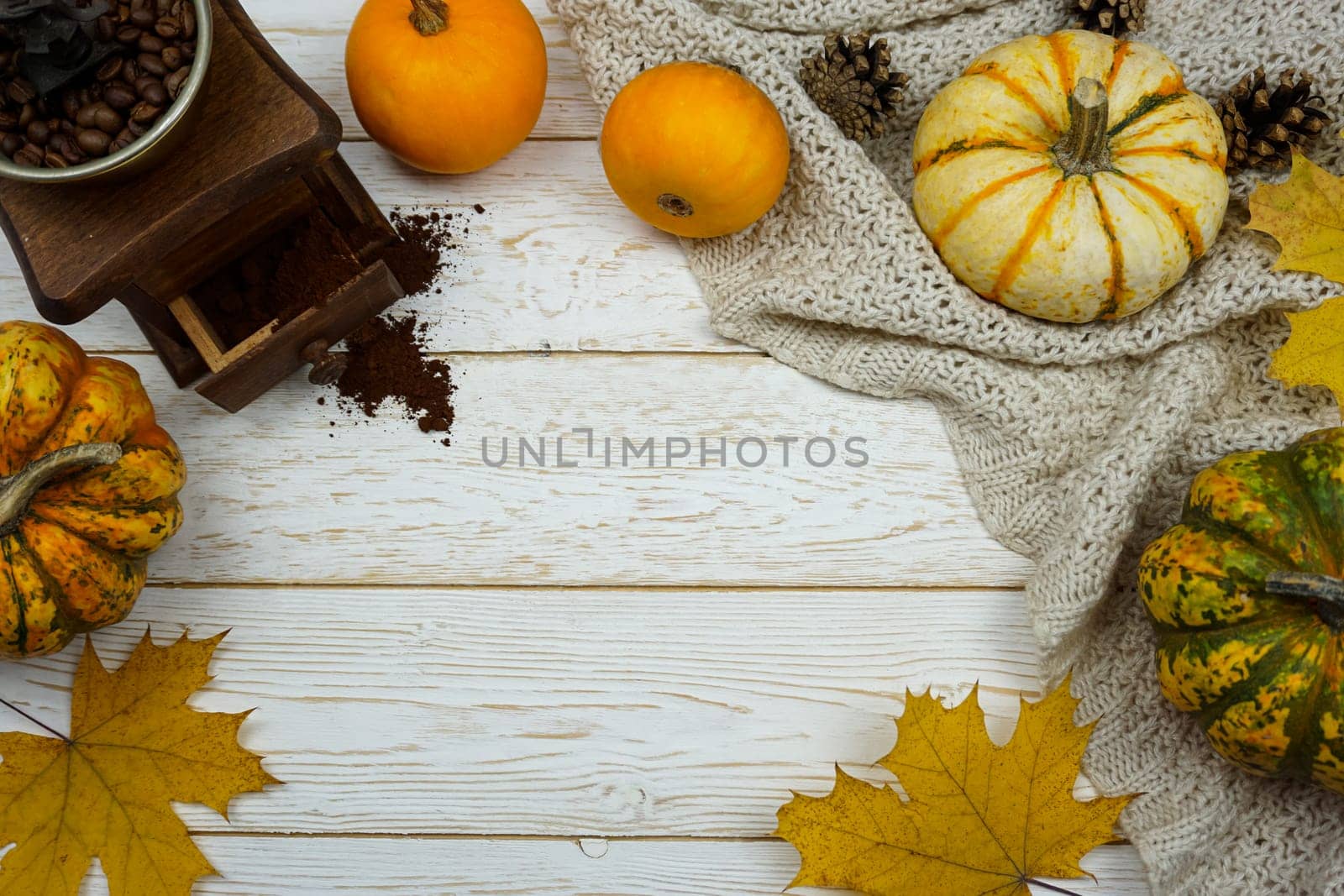 On a wooden table there are various pumpkins and there is a mechanical coffee grinder. High quality photo