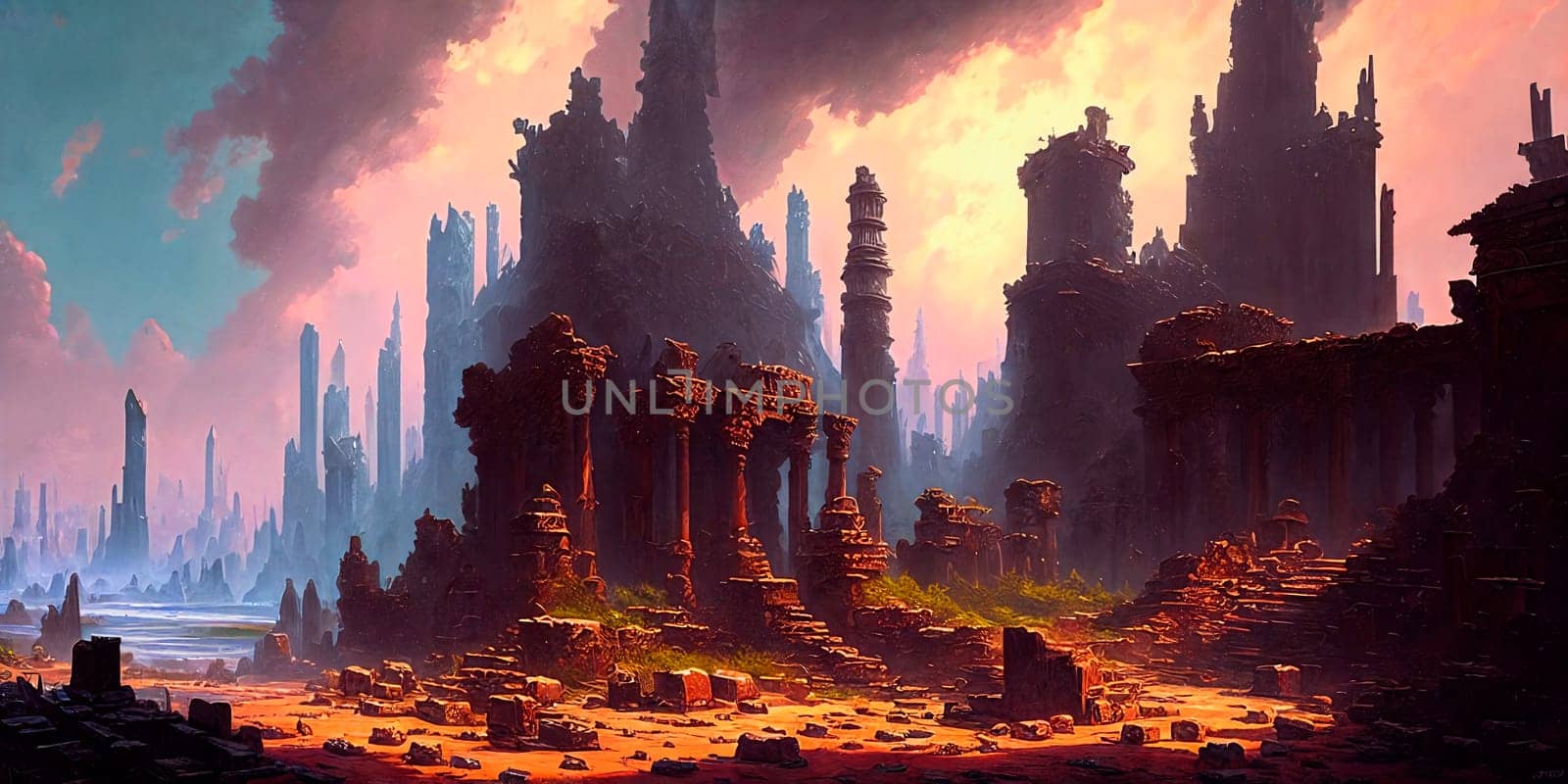 Digital painting of a ruins of a gigantic fantasy city destroyed by the greatest cataclysm of all time . AI Generative