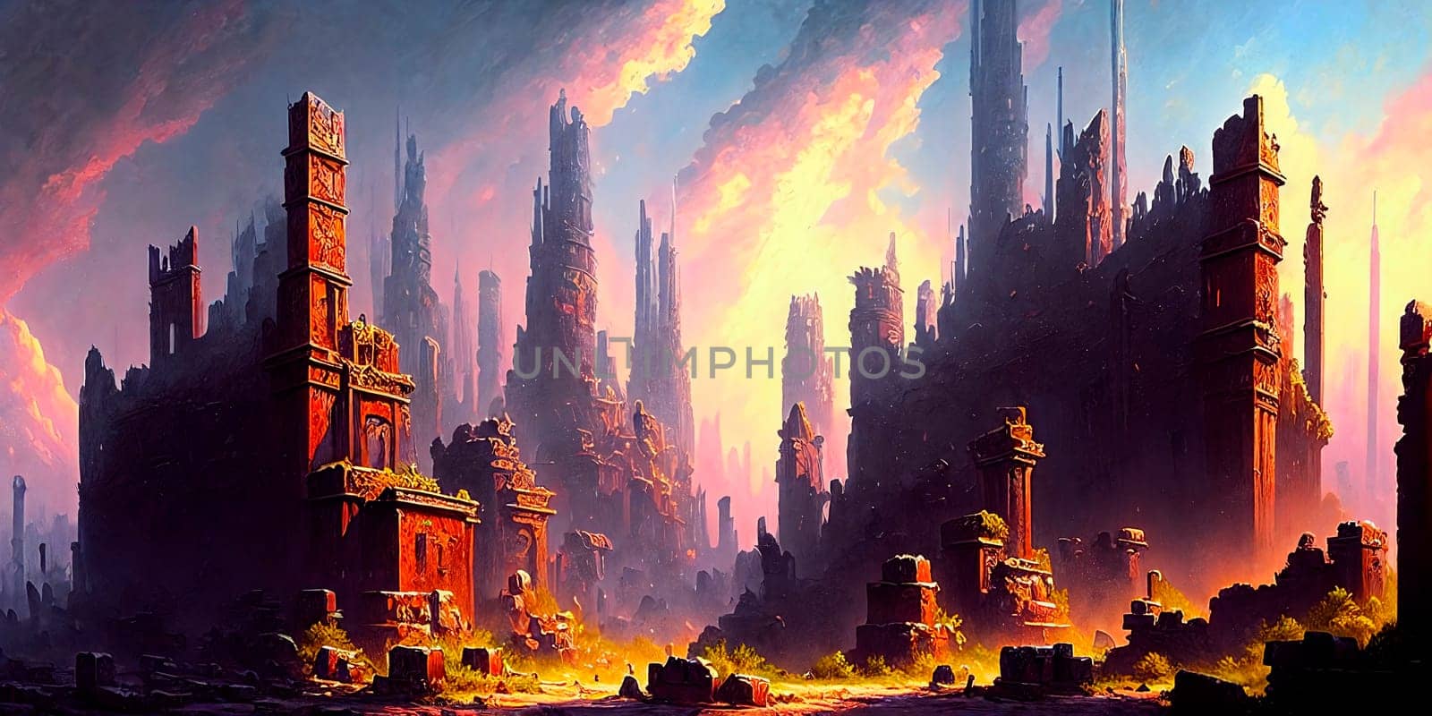 Digital painting of a ruins of a gigantic fantasy city . AI Generative by GoodOlga