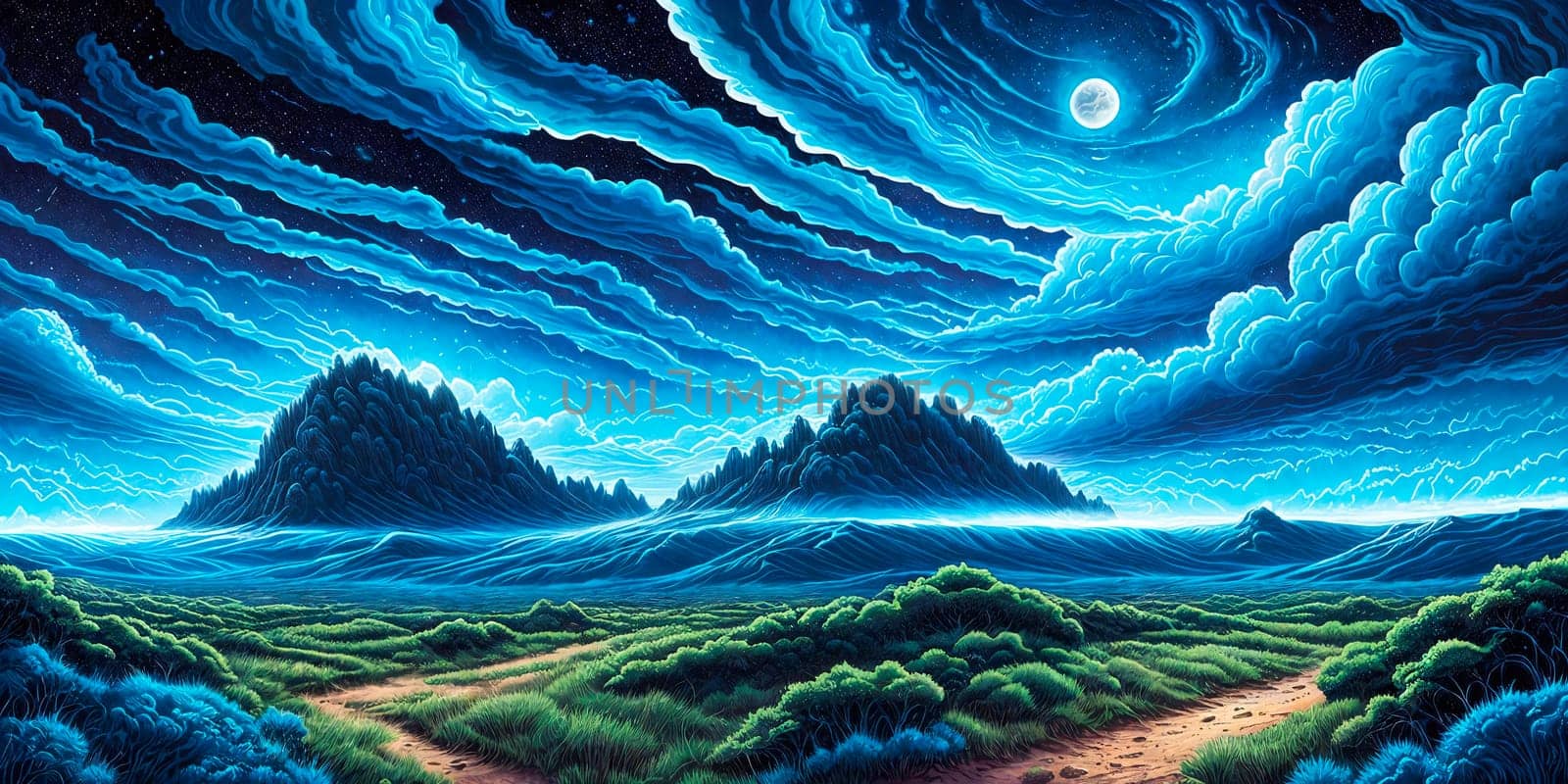 Illustration of jupiter clouds, alien landscape and vegetation . AI Generative