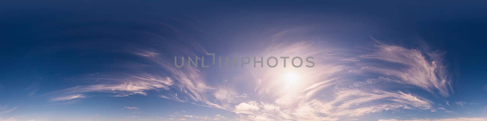 Sunset sky panorama with bright glowing pink Cirrus clouds. HDR 360 seamless spherical panorama. Full zenith or sky dome for 3D visualization, sky replacement for aerial drone panoramas. by Matiunina