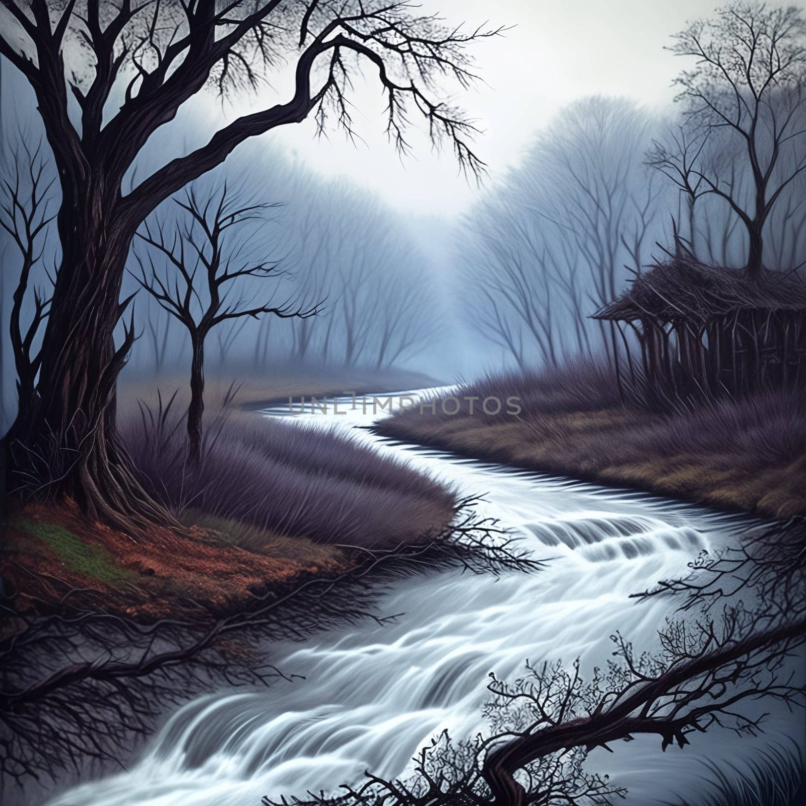 Withered vines, old trees, small bridges and flowing water. Landscape illustration. . AI Generative