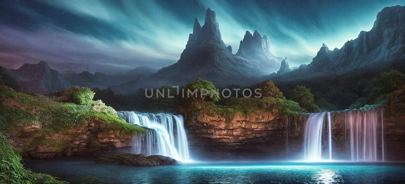 Fantasy landscape with waterfalls, night sky on the background. Generative AI