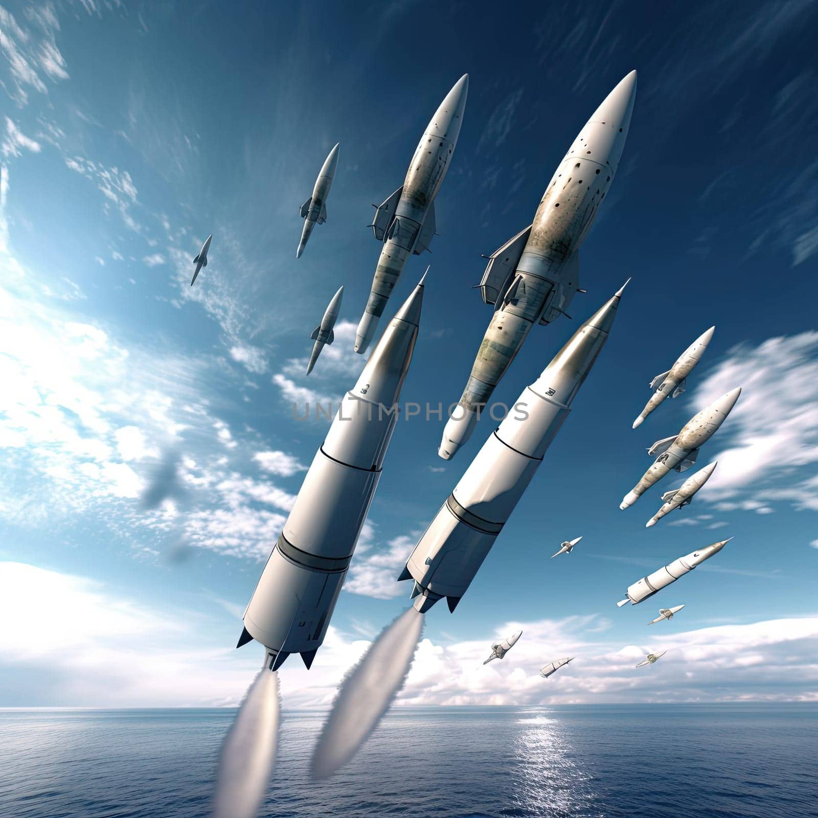 A group of cruise missiles fly to the target. Military operation