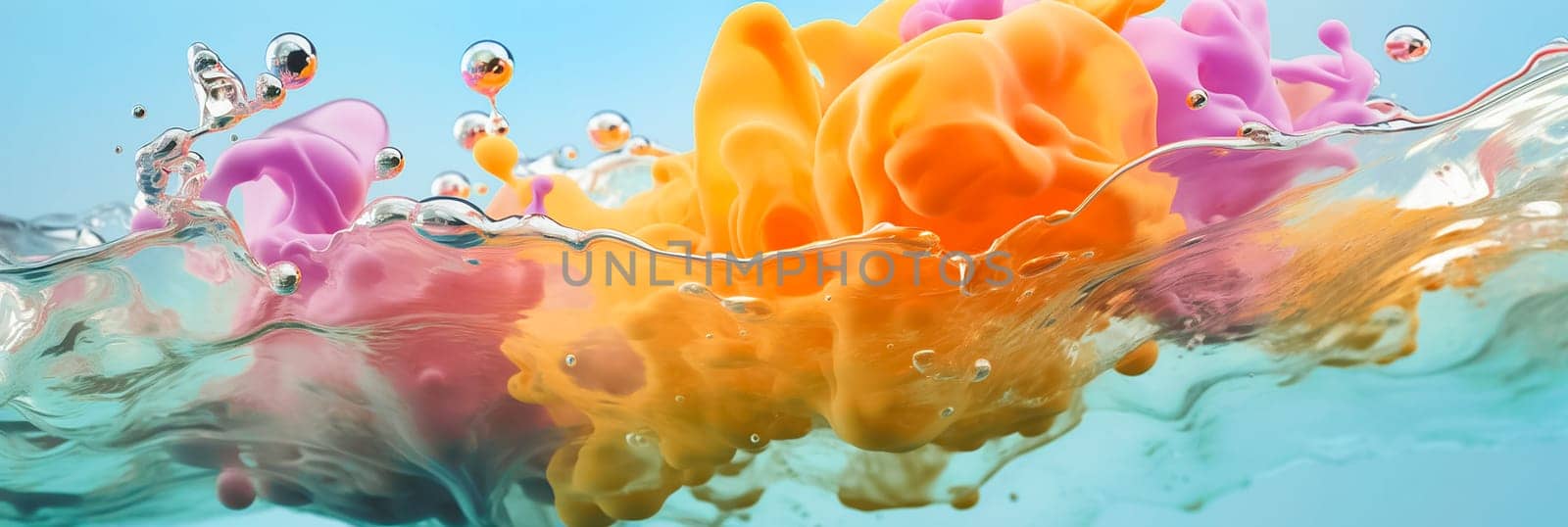 Colorful abstract water and paint splashes background. Water bubbles and paint toned in different colors. Water splashes and drops background. Generative AI long banner