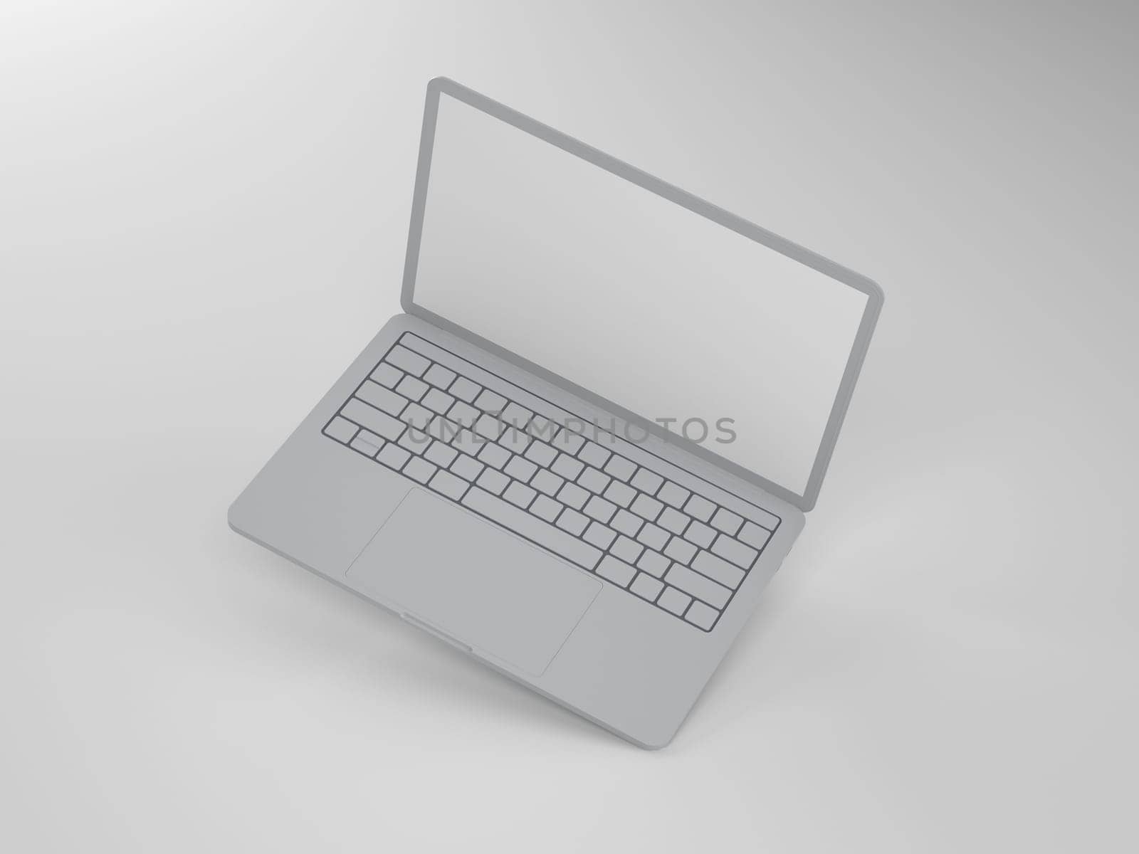 The raised top is an open thin gray laptop with a blank screen on a light background