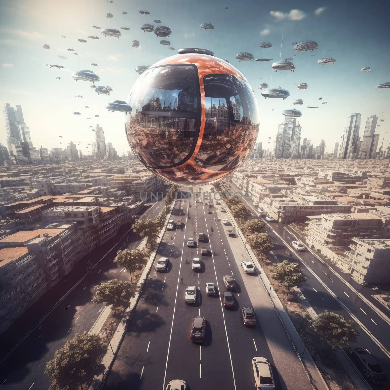 An air vehicle in the form of a sphere in the city of the future