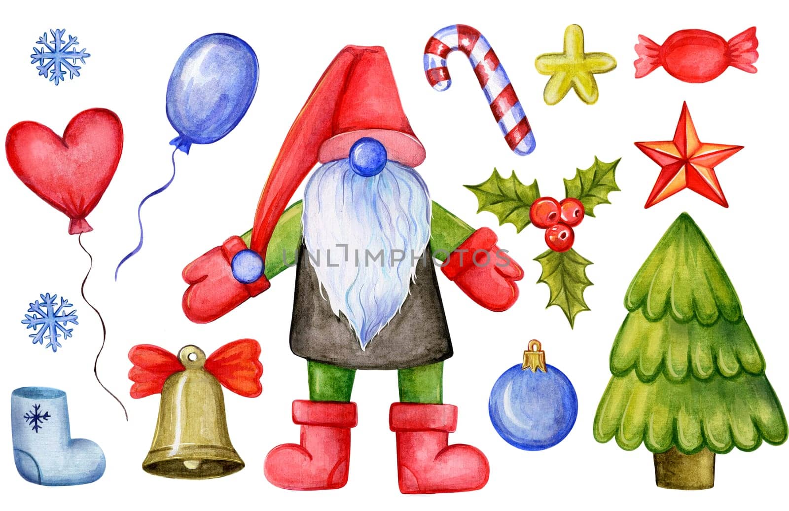Colorful hand drawn illustration of Santa Claus and various traditional Christmas decorations and items isolated on white background. Watercolor illustration