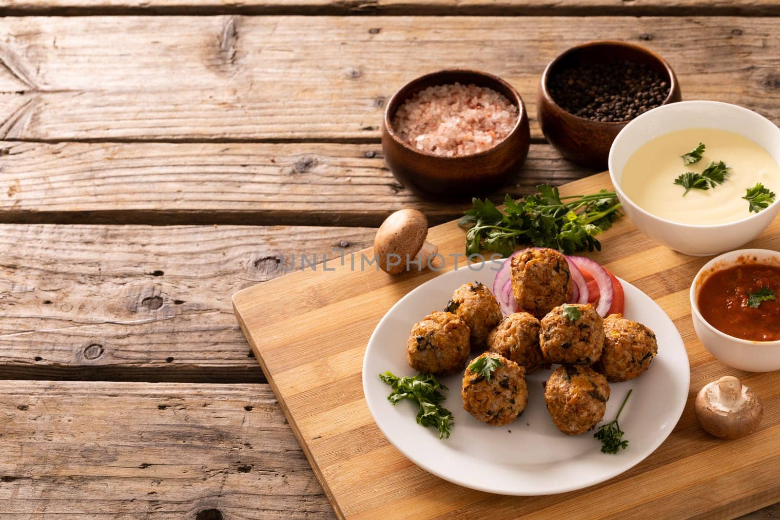 High angle view of fresh meatballs in plate with seasoning and dip bowls on wooden table. unaltered, organic food and healthy eating concept.