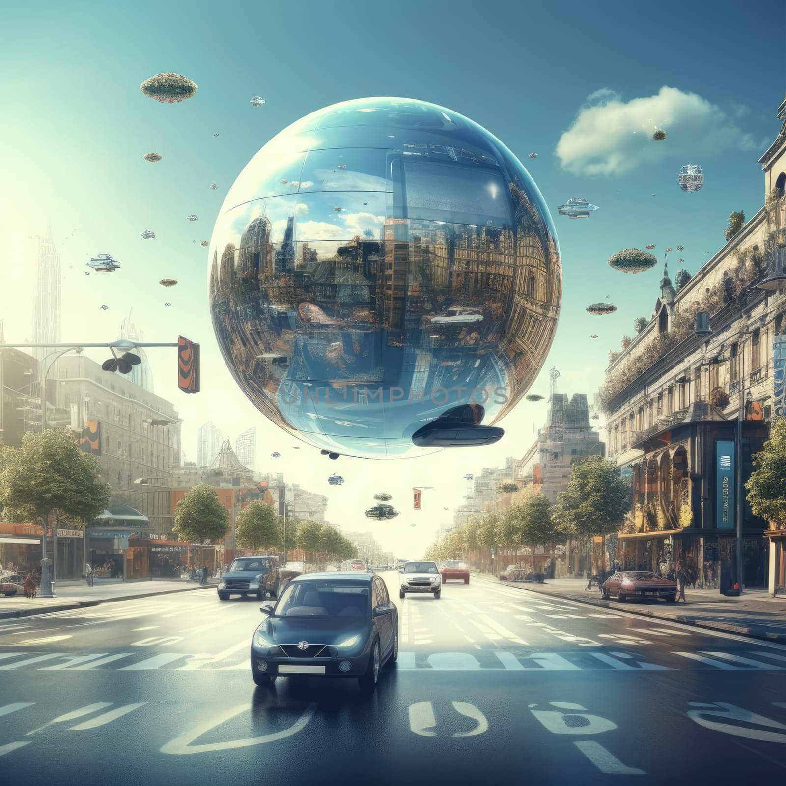An air vehicle in the form of a sphere in the city of the future