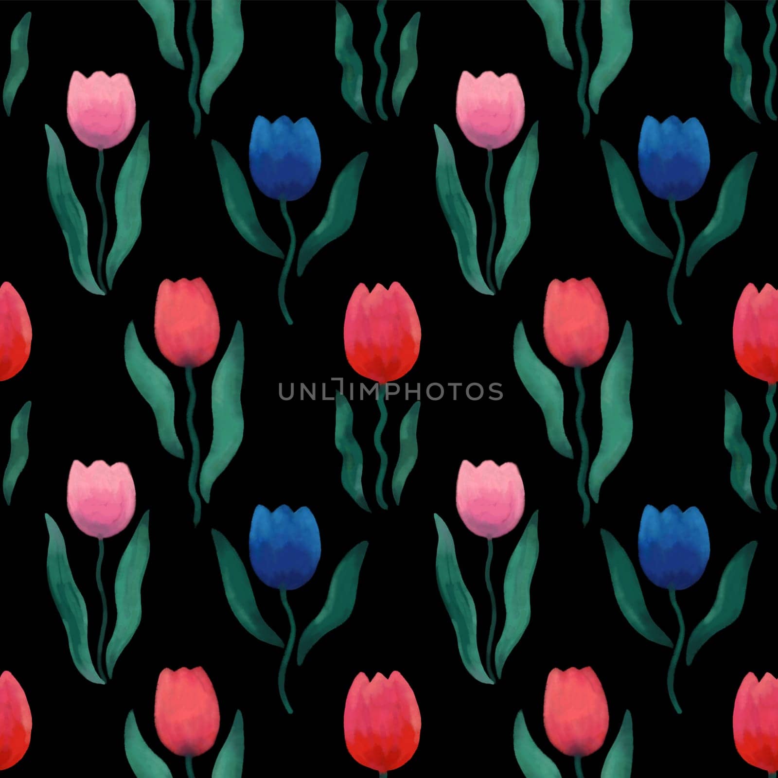 Floral pattern with spring flowers tulips. Hand drawn illustration by Dustick