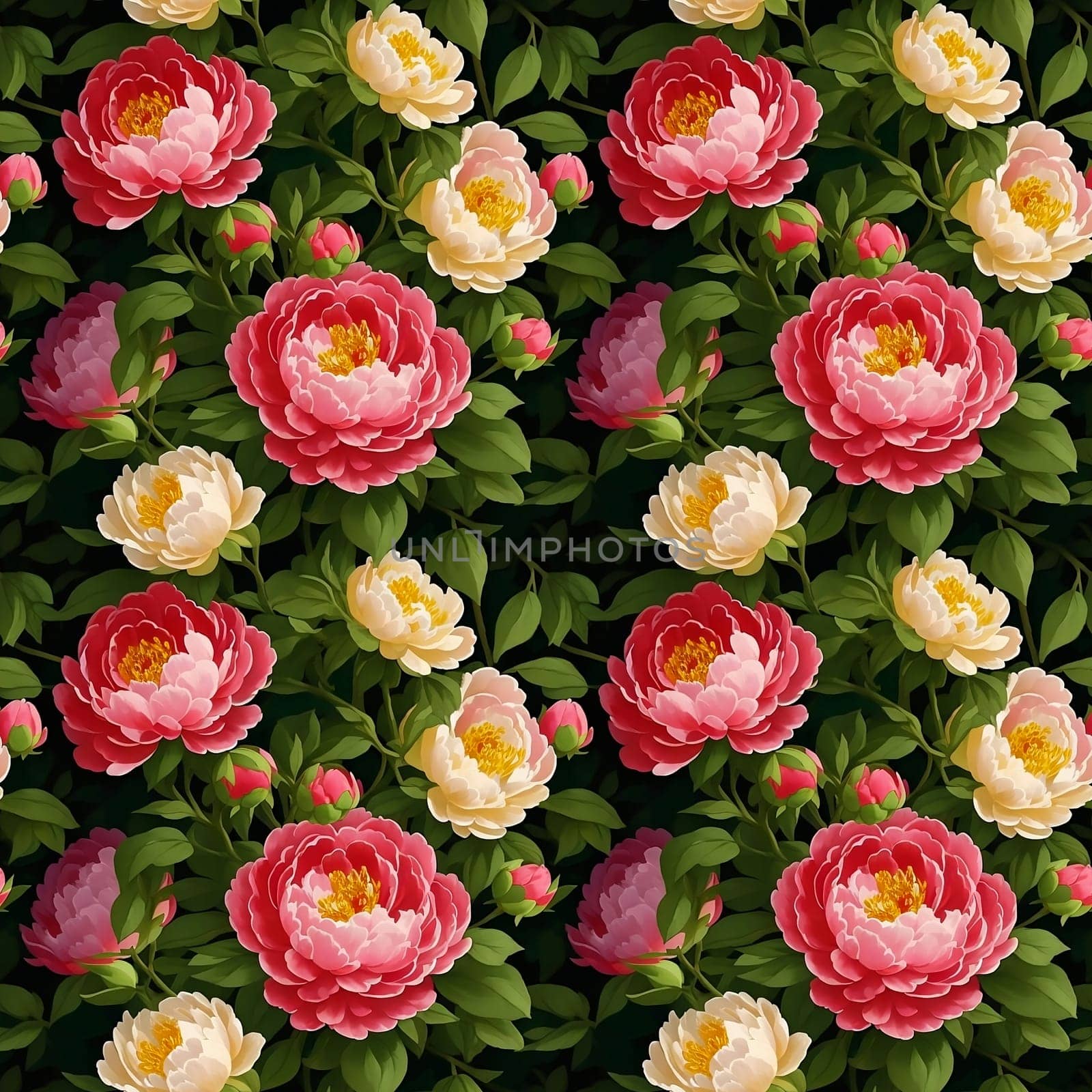 Floral Seamless Pattern with Pink and Cream Yellow Peonies with Green Leaves on Dark Background. Wallpaper Design for Textiles, Interior, Clothes, Wedding Invitations, Postcards, Greetings. AI Generated