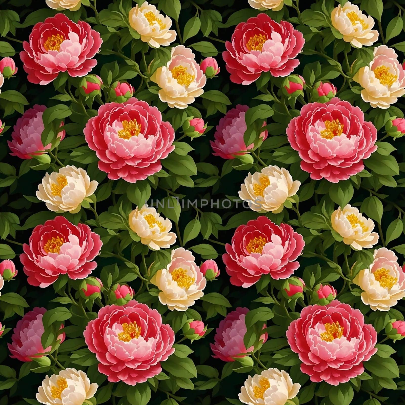 Floral Seamless Pattern with Pink and Cream Yellow Peonies with Green Leaves on Dark Background by LanaLeta