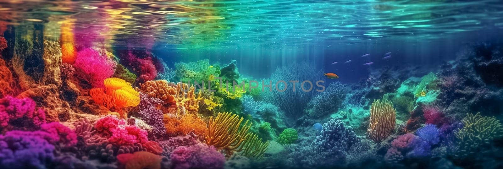 Brightly colored underwater world with corals, algae, anemones and sea fish. Long banner with an underwater sea or ocean world.