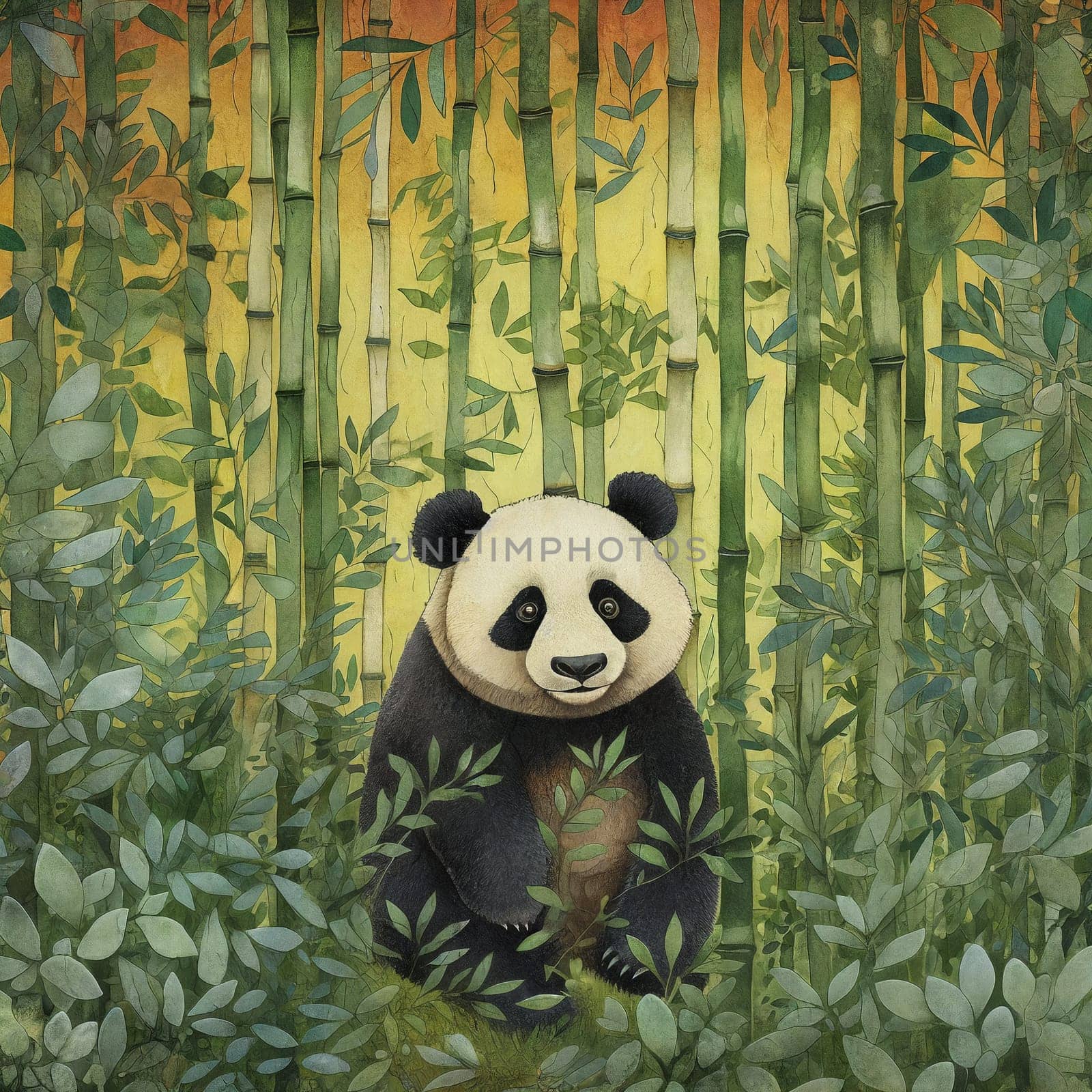 The illustration of a cute and cuddly panda in bamboo forest. AI Generative