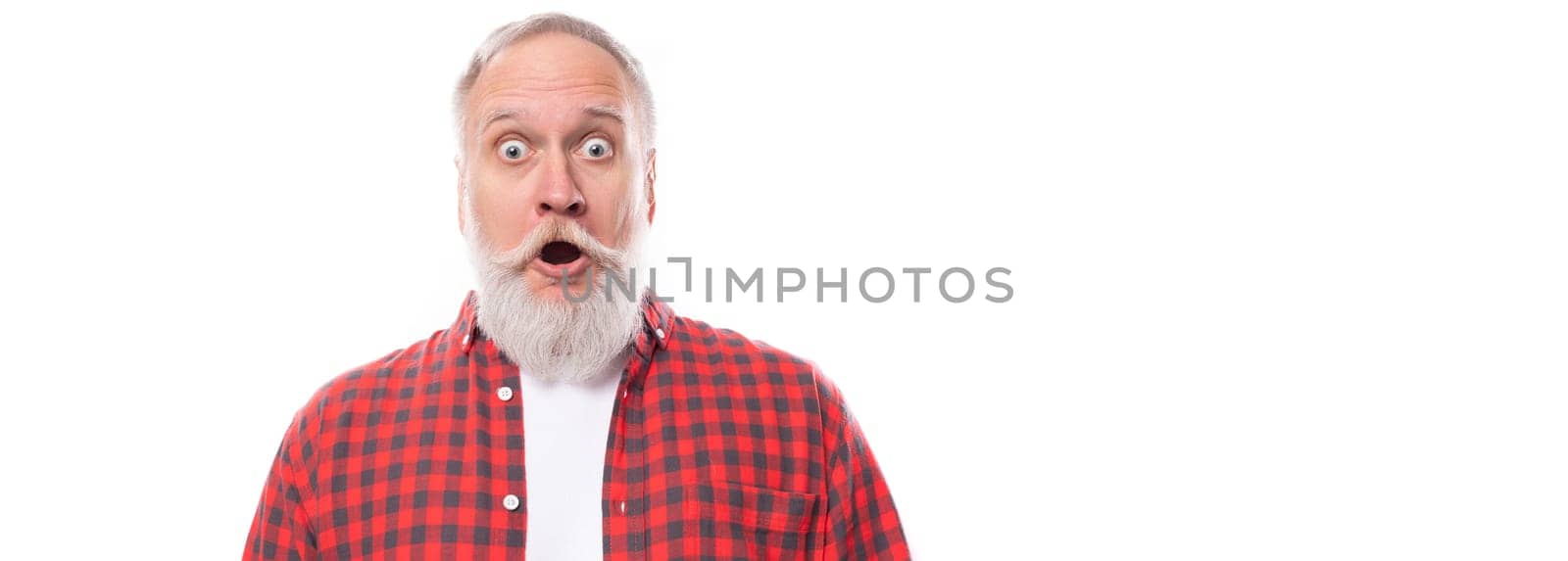 european surprised 60s elderly grandfather man with gray beard and mustache.