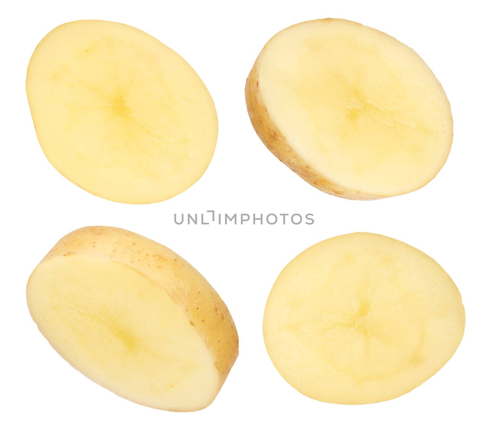 Raw vegetables. Potato wedges with peel isolated on white background. The concept of not healthy eating or obesity from potatoes. To be inserted into a design or project. by SERSOL