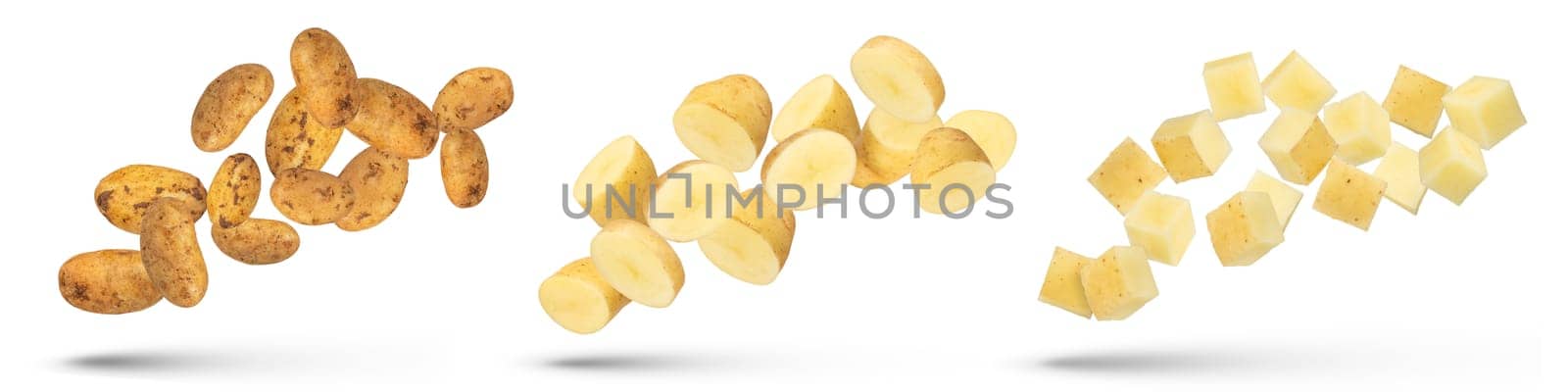 Flying vegetables set. Flying potatoes isolated on white background. Isolate of fresh falling potatoes of different sizes and cut shapes. Potato season. High quality photo