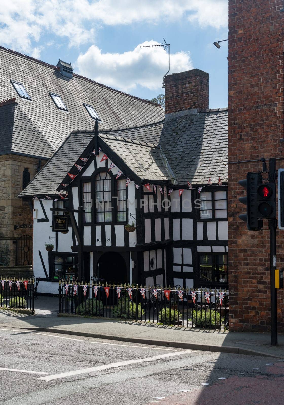 Oswestry, Shropshire - 12 May 2023: Historic Black Gate restaurant or cafe in market town of Oswestry