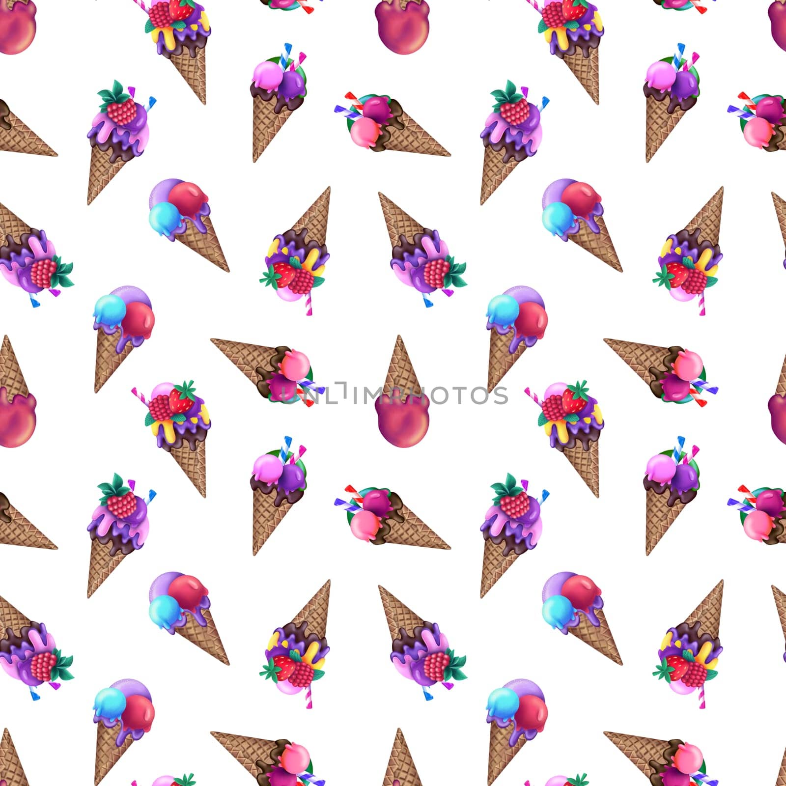 Seamless pattern with various ice cream in the cone. ice cream pattern