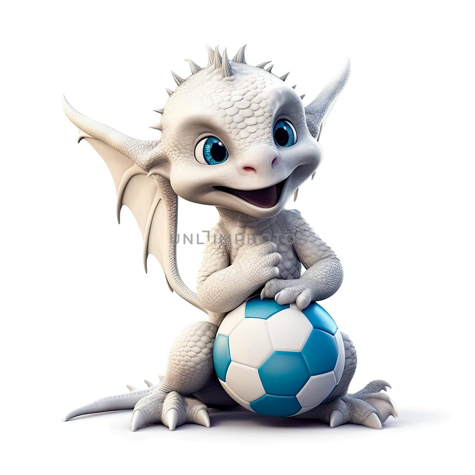 Cute cartoon dragon holding a soccer ball isolated on transparent background. Ai generative