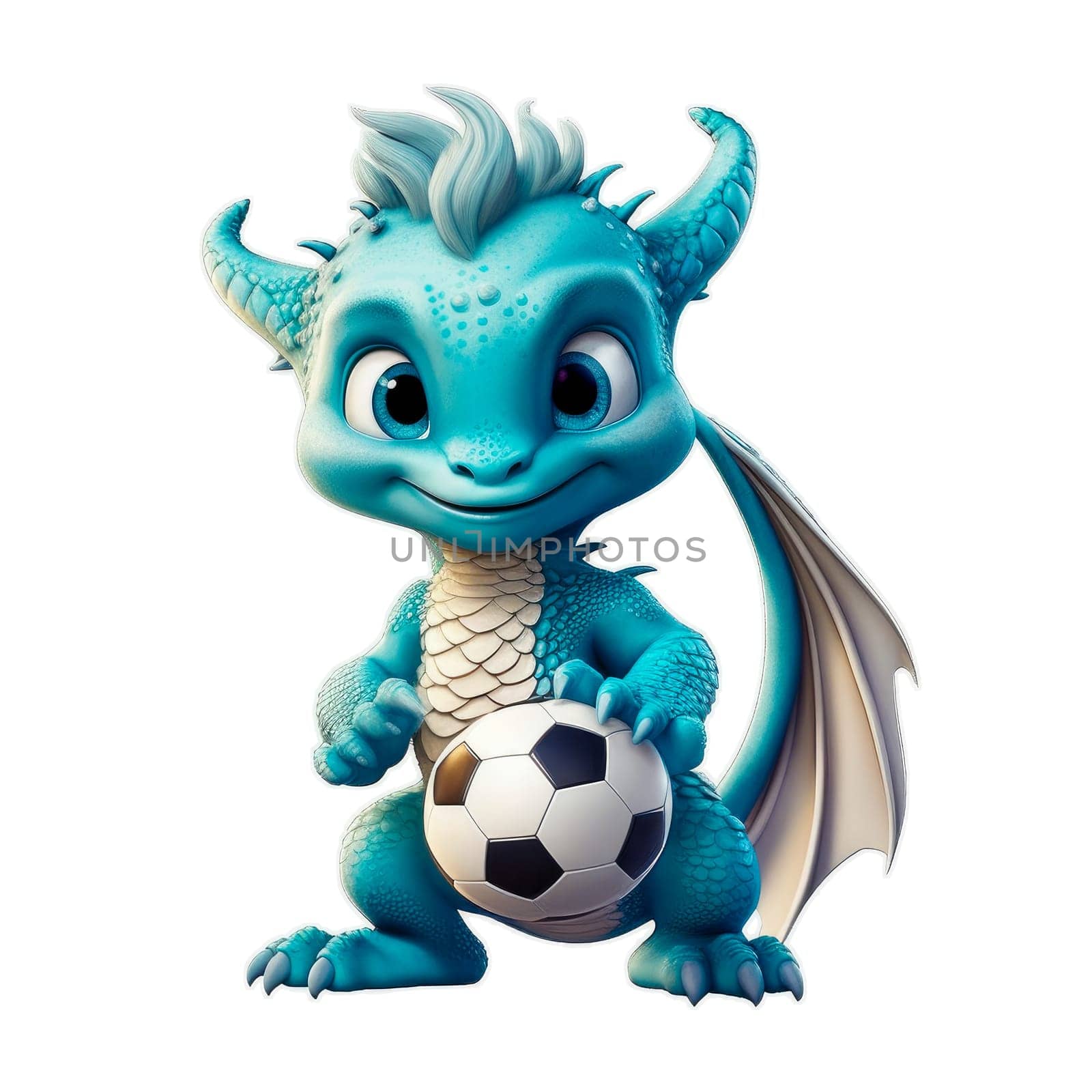 Cute cartoon dragon holding a soccer ball isolated on transparent background. Ai generative