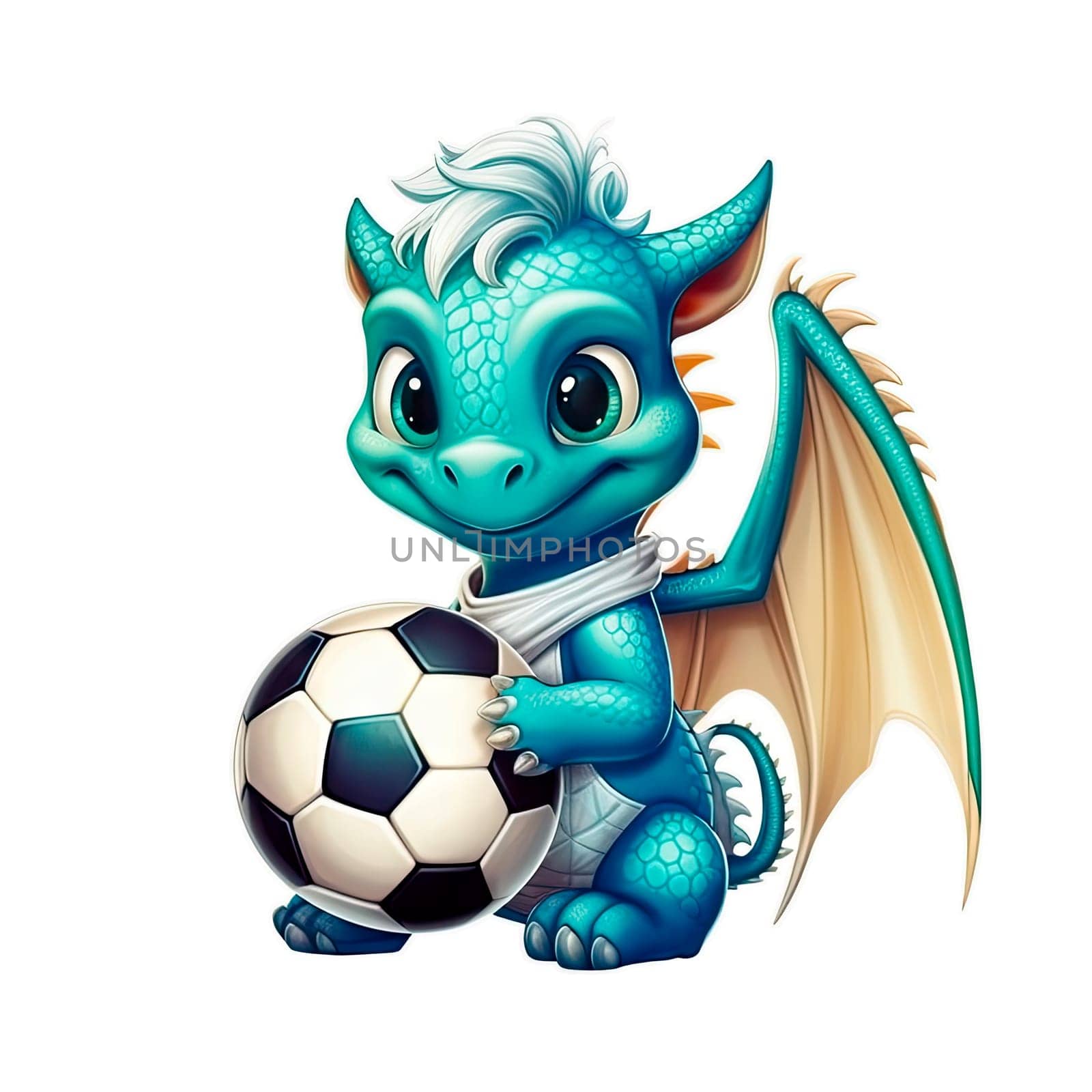 Cute cartoon dragon holding a soccer ball isolated on transparent background. Ai generative