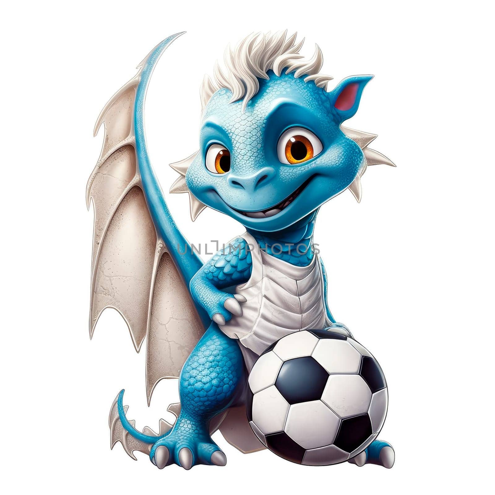 Cute cartoon dragon holding a soccer ball isolated on transparent background. Ai generative