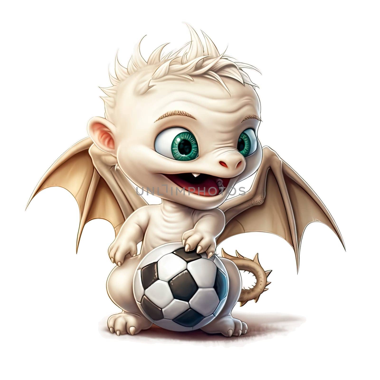 Cute cartoon dragon holding a soccer ball isolated on transparent background. Ai generative