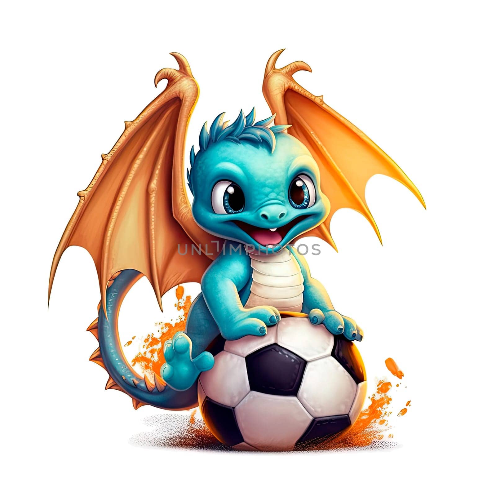 Cute cartoon dragon holding a soccer ball isolated on transparent background. Ai generative