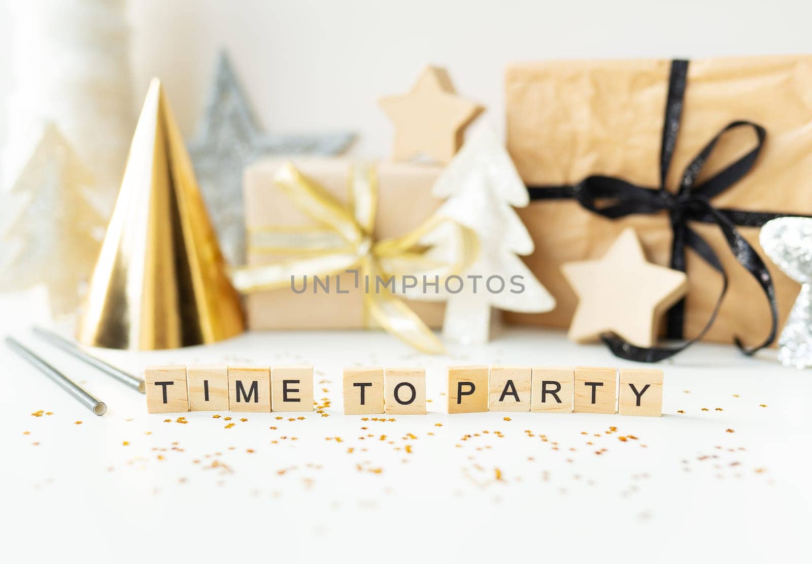 Christmas party time - confetti, gifts, tree, stars, glitter, ribbon. Party time lettering New year 2023-2024