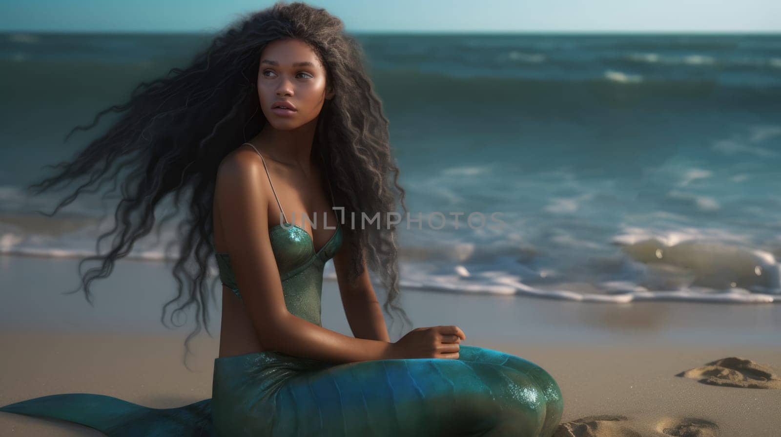 An African-American girl with long hair, in a mermaid costume, sits on the beach, near the sea, looking at the side of the sea. Ai generative