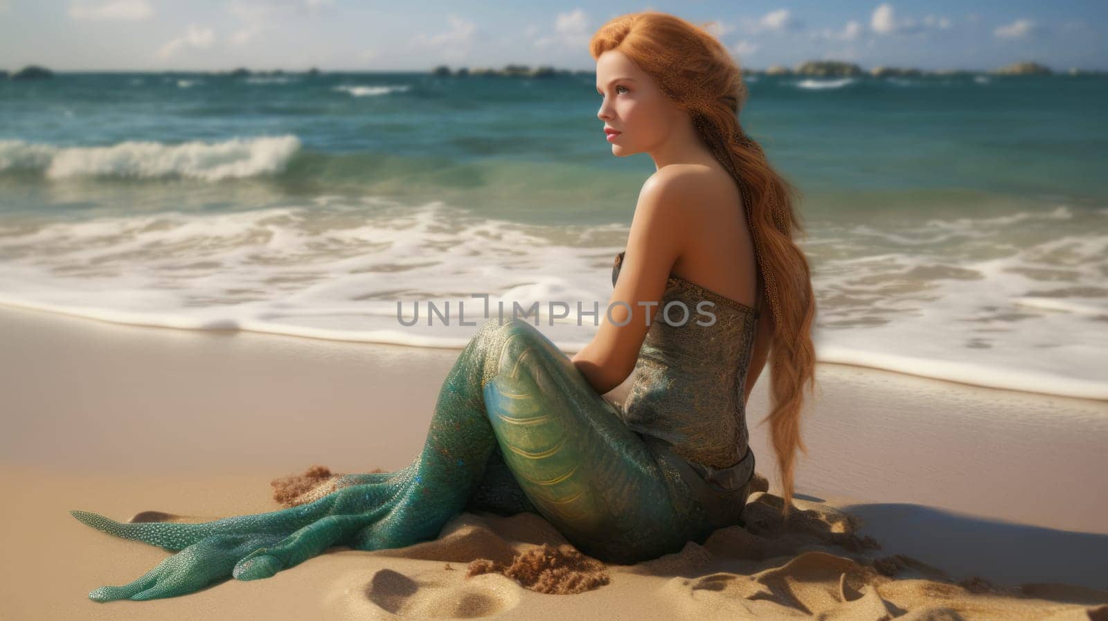 girl with long red hair, in a mermaid costume, sits on the beach, near the sea, looking at the side. Ai generative