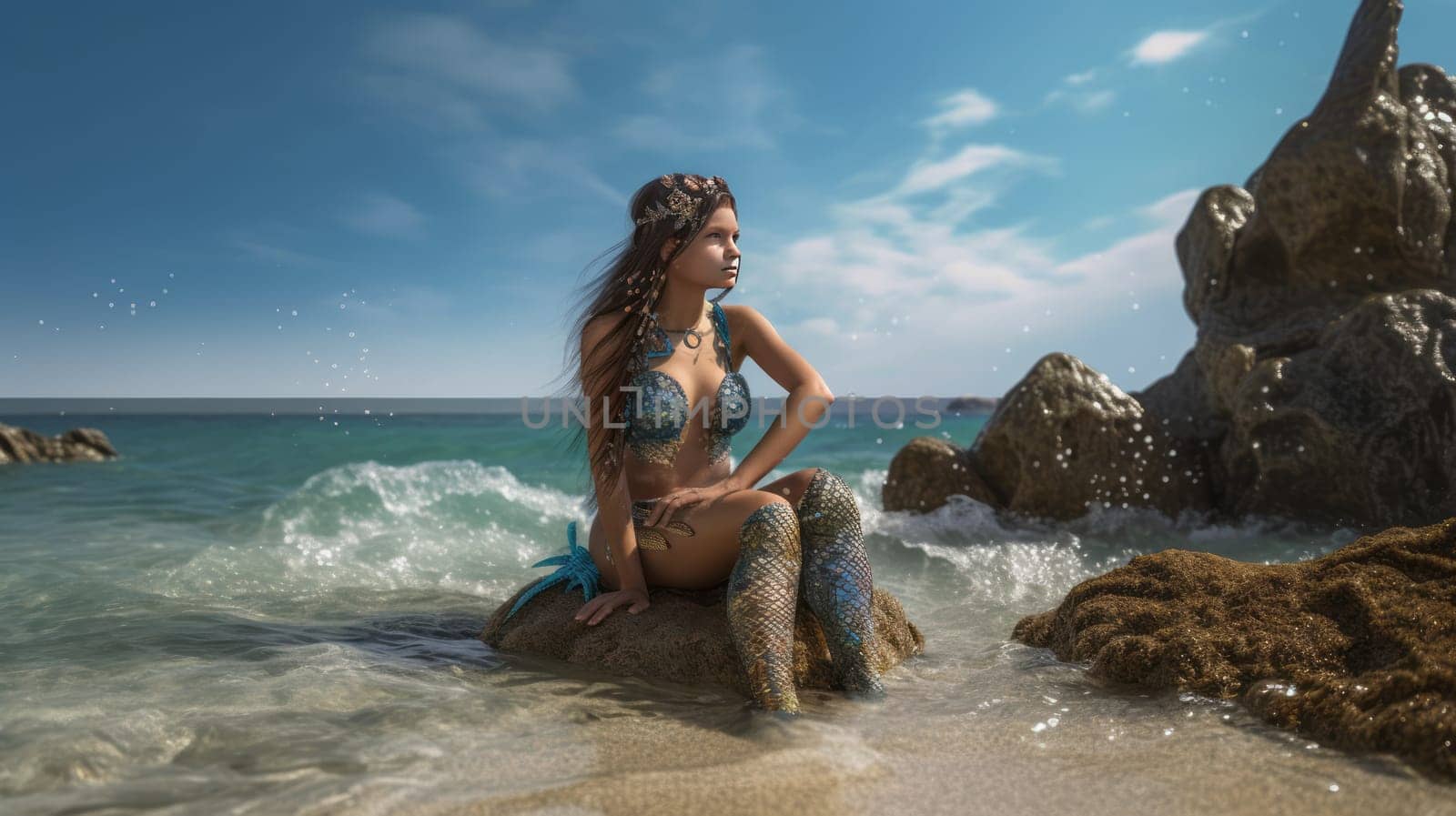 Cute girl, in a mermaid costume, sits on the beach, near the sea, looking at the side. Ai generative