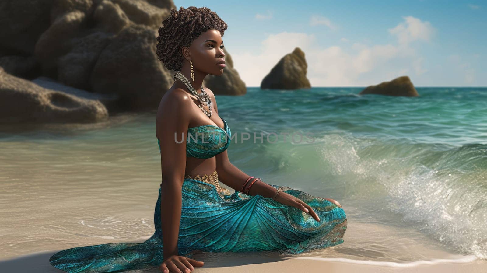 Cute African-American girl in blue dress, sits on the beach, near the sea, looking at the side of the sea. Ai generative