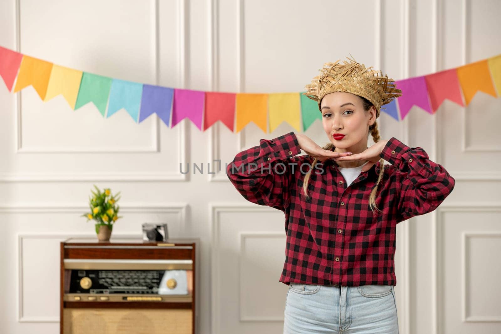 festa junina cute girl in straw hat brazilian midsummer retro radio colorful flags hands on chin