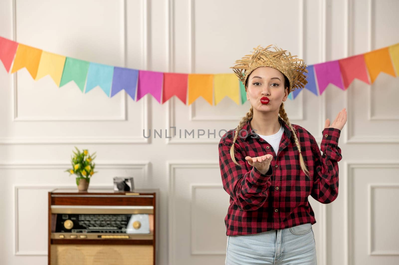 festa junina cute girl in straw hat brazilian midsummer with retro radio colorful flag sending kiss