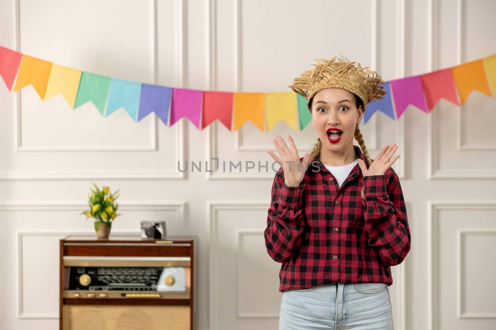 festa junina cute girl in straw hat brazilian midsummer with retro radio colorful flags by Kamran