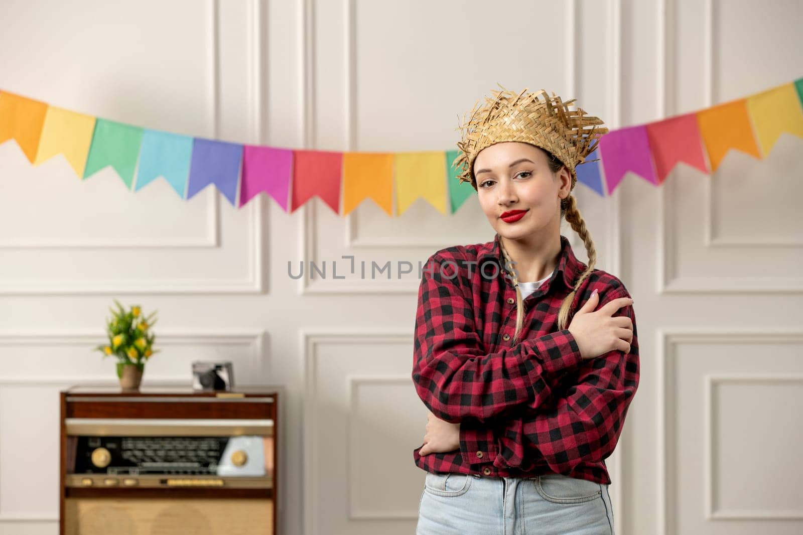 festa junina cute girl in straw hat brazilian midsummer with retro radio colorful flags smiling