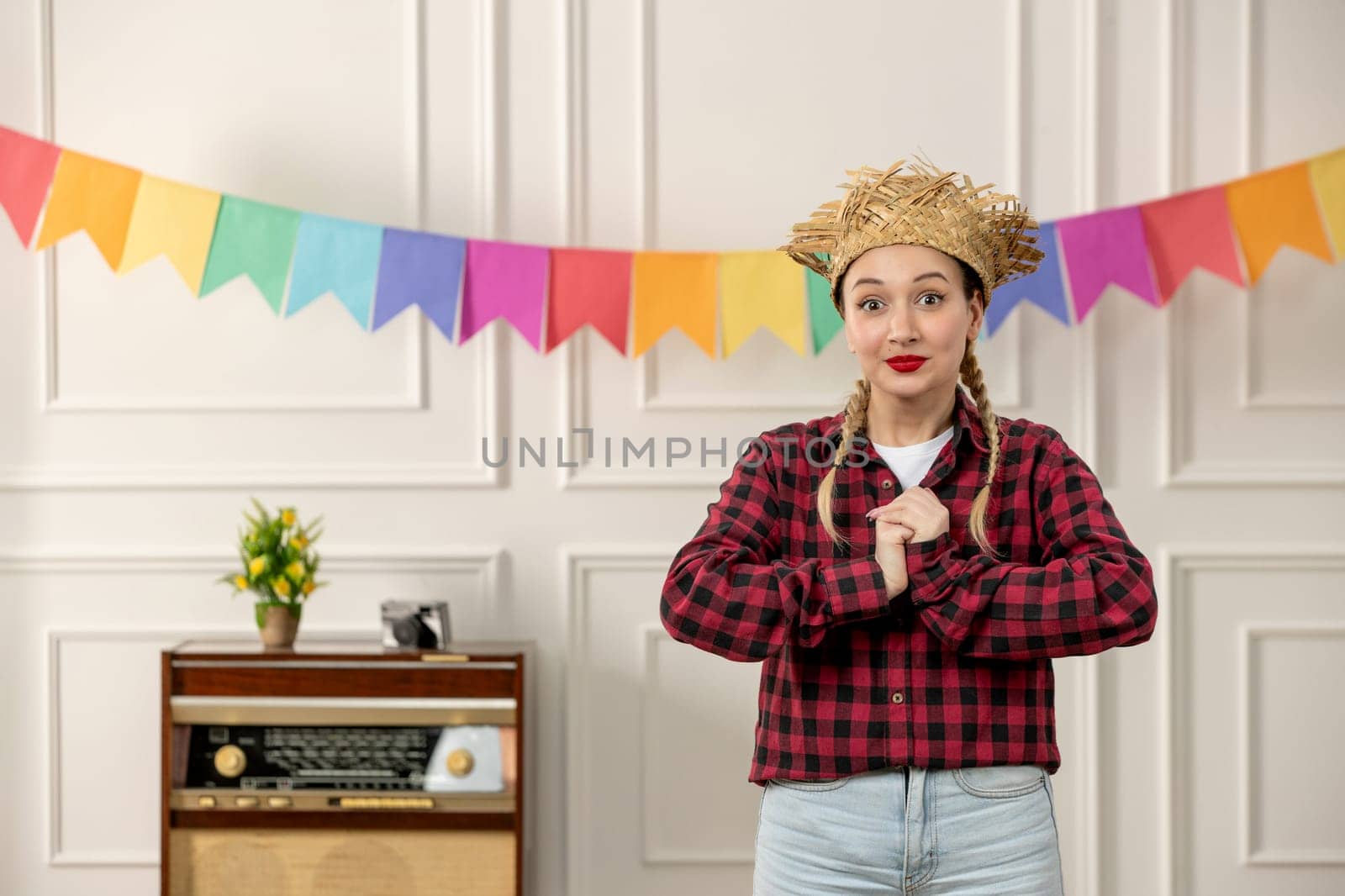 festa junina cute girl in straw hat brazilian midsummer with retro radio colorful flags excited